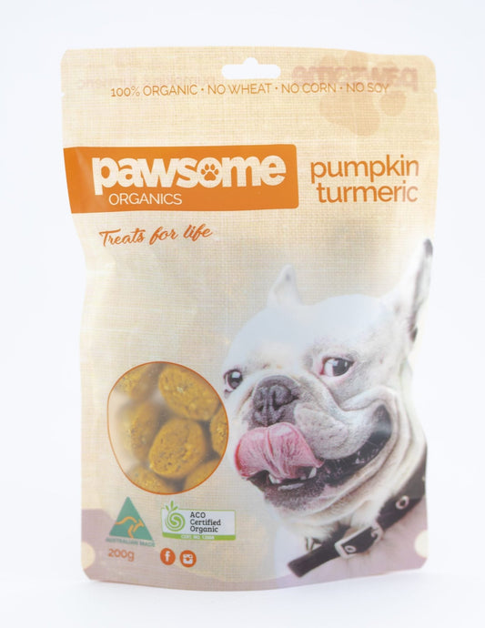 Pawsome Organics natural dog treats with pumpkin and turmeric, supporting gut health, joint support, and skin care in 200g package