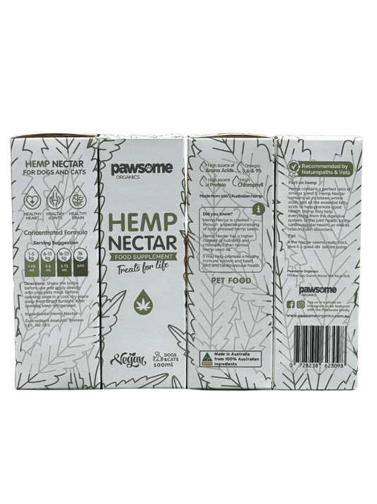 Pawsome Organics hemp nectar pet supplement for dogs and cats, 100ml, supports calm, joint, and skin health.