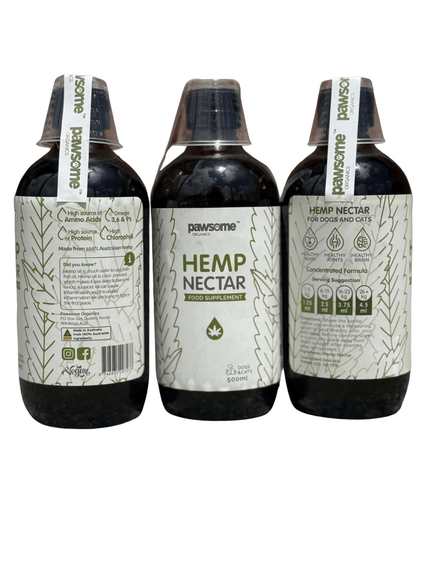 Hemp Nectar pet supplement for dogs and cats, calming and joint health formula, featuring natural hemp extract from Pawsome Organics.