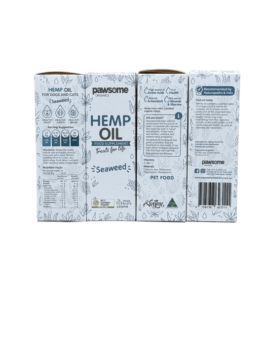 Natural hemp oil with seaweed for dogs and cats by Pawsome Organics, supporting joint, skin, and oral health in pets.