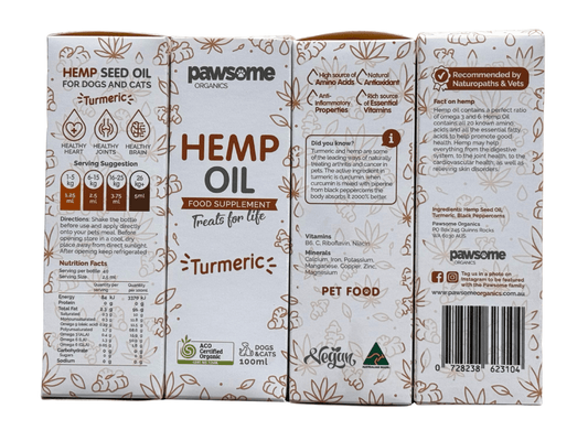Pawsome Organics natural hemp oil with turmeric for dogs and cats, supporting calm, joint, and skin health in a 100ml bottle.