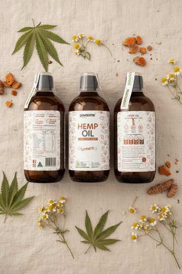 Pawsome Organics hemp and turmeric pet supplement oil for dogs and cats, 100ml bottle with natural ingredients.