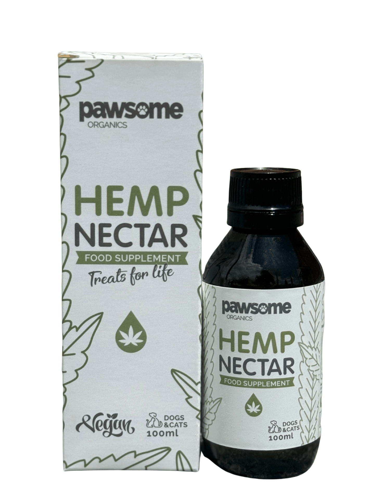 Natural hemp nectar supplement for dogs and cats by Pawsome Organics, supporting calmness, joint health, and skin wellness.