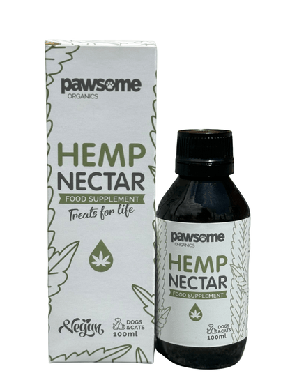Natural hemp nectar supplement for dogs and cats by Pawsome Organics, supporting calmness, joint health, and skin wellness.