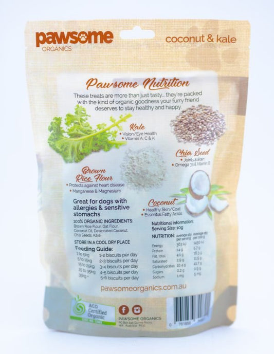 Pawsome Organics natural coconut and kale dog treats in 200g package, supporting skin, coat, and energy for dogs.
