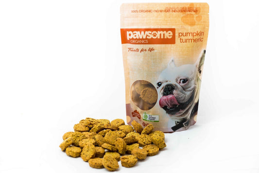 Natural pumpkin and turmeric dog treats by Pawsome Organics, supporting gut health, joints, and skin for dogs.