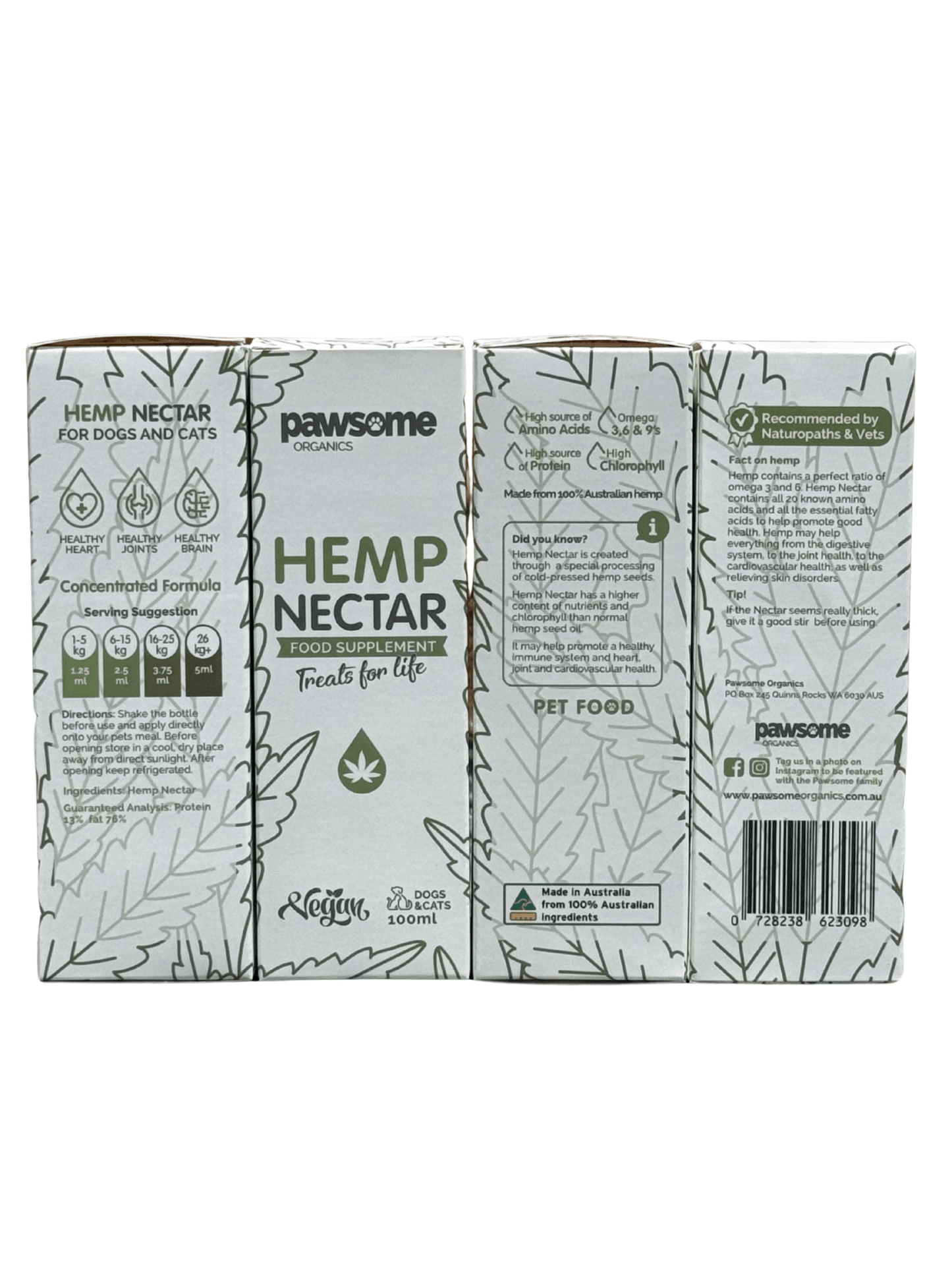 Pawsome Organics hemp nectar pet supplement for dogs and cats, 100ml, supports calm, joint, and skin health.