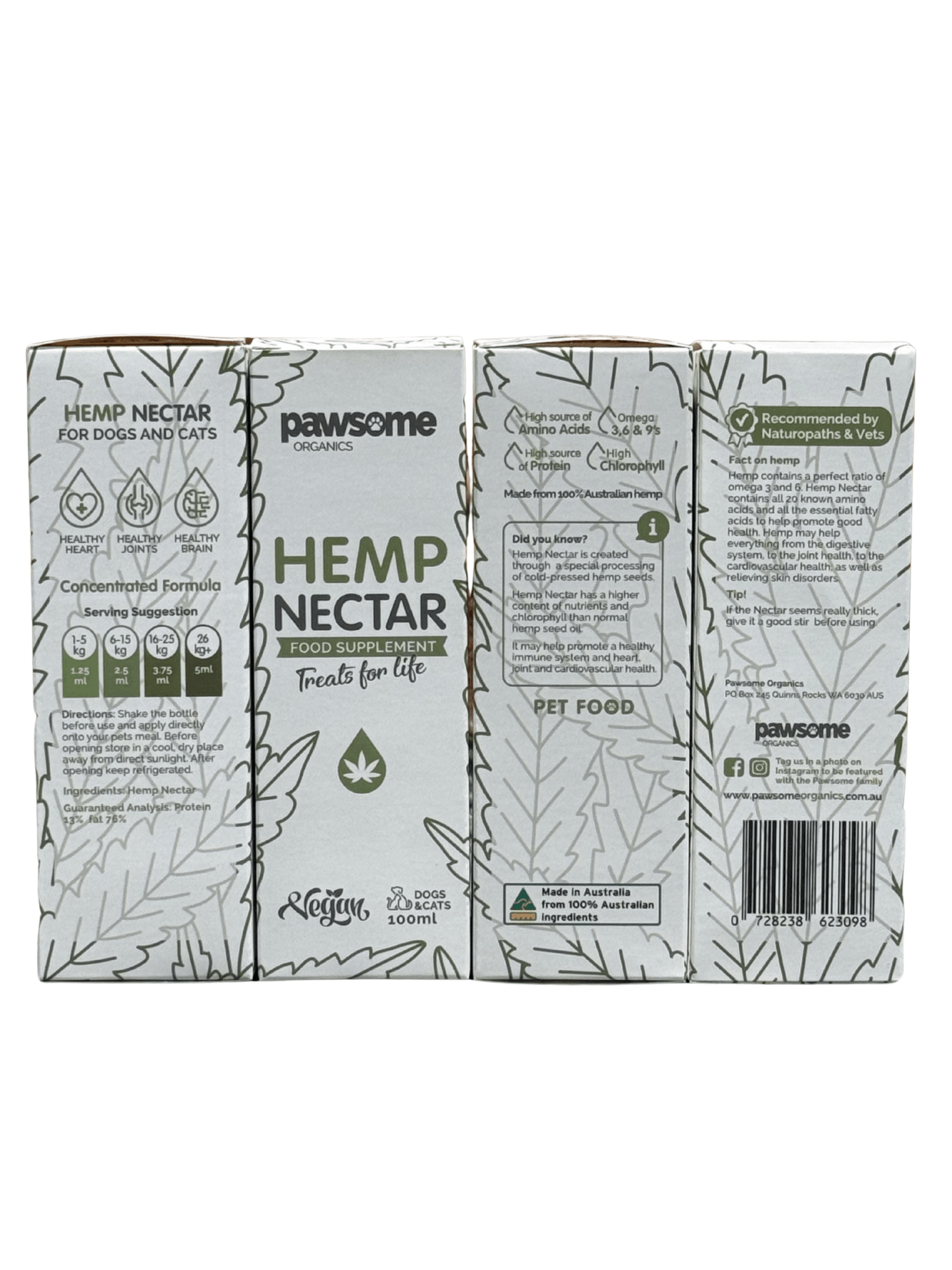 Pawsome Organics hemp nectar pet supplement for dogs and cats, 100ml, supports calm, joint, and skin health.
