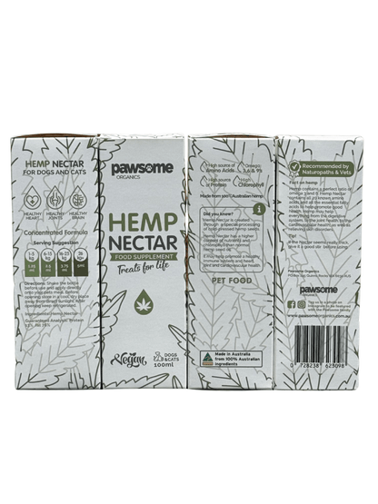 Pawsome Organics hemp nectar pet supplement for dogs and cats, 100ml, supports calm, joint, and skin health.