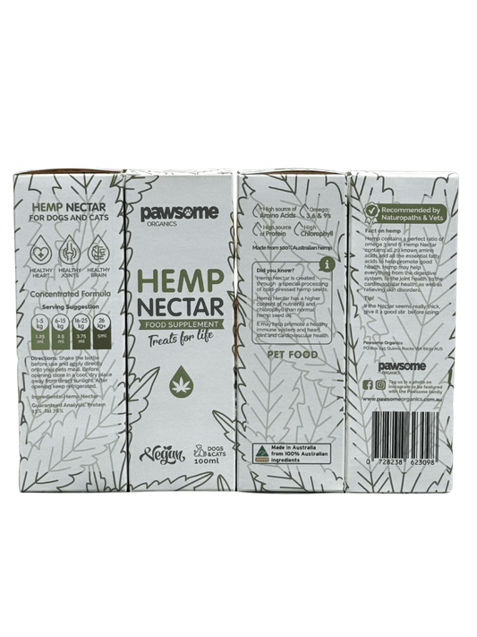 Pawsome Organics hemp nectar pet supplement for dogs and cats, 100ml, supports calm, joint, and skin health.