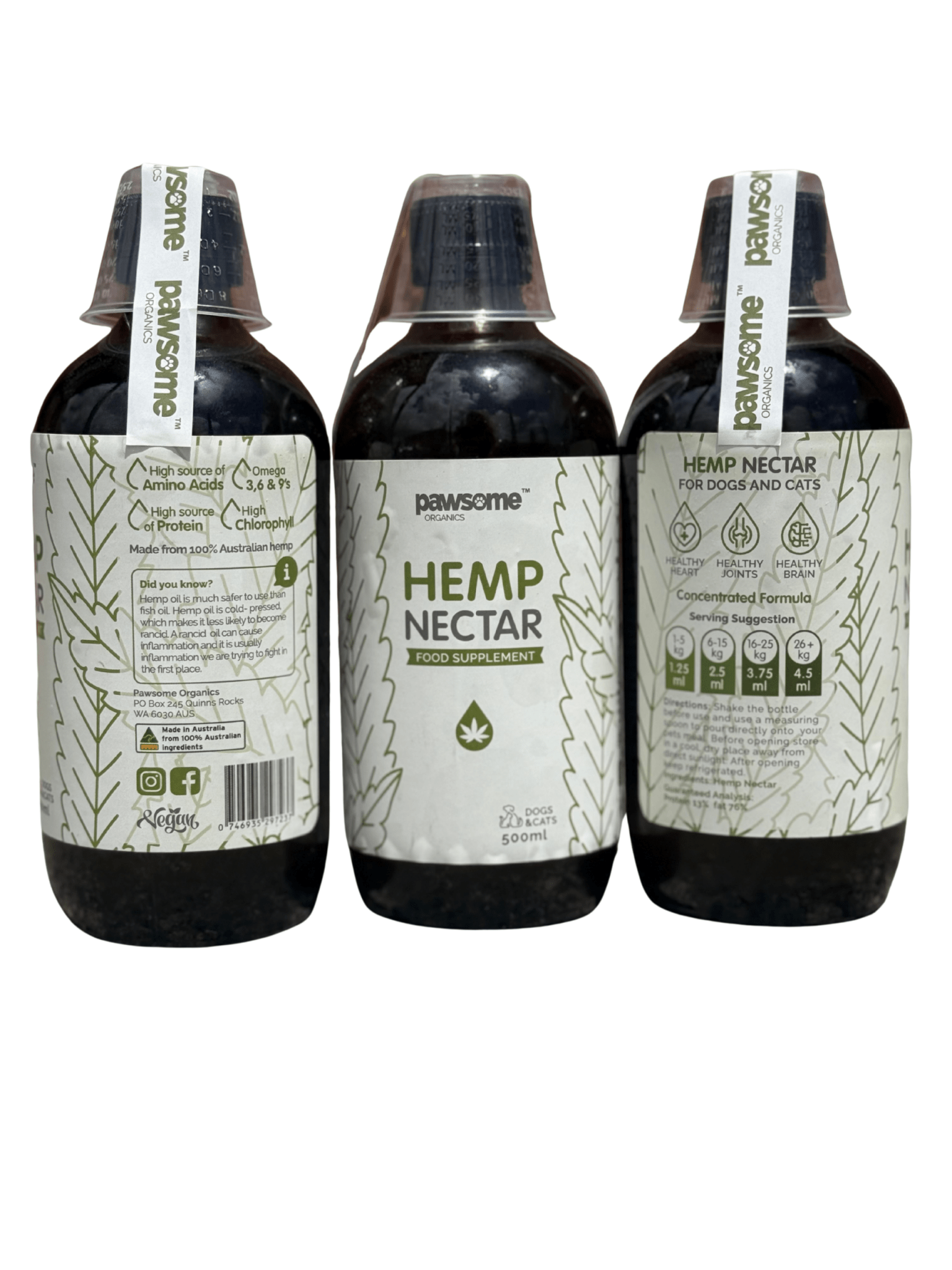 Pawsome Organics Natural Hemp Nectar pet supplement for dogs and cats, supports calmness, joint health, and skin.