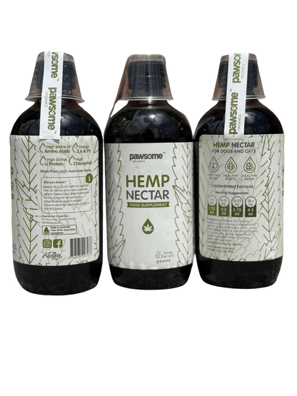Pawsome Organics Natural Hemp Nectar pet supplement for dogs and cats, supports calmness, joint health, and skin.
