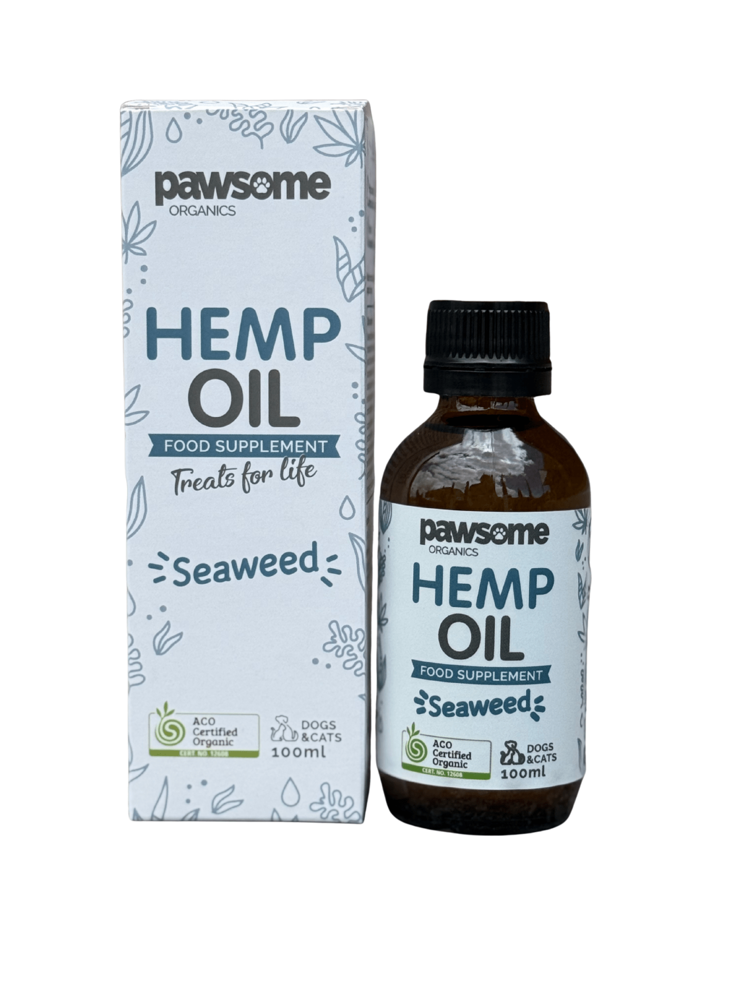 Pawsome Organics hemp and seaweed oil for dogs and cats, pet supplement for healthy skin and shiny coat, 100ml bottle.
