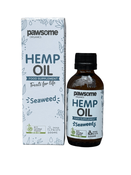 Natural hemp oil with seaweed for dogs and cats by Pawsome Organics, supporting joint, skin, and oral health in pets.