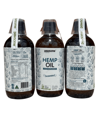 Pawdrop Skin & Coat Oil for Dogs and Cats in a 100ml bottle, featuring hemp oil and seaweed for healthy pet skin and fur.