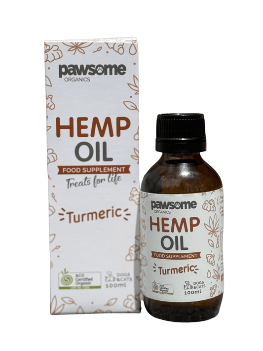Pawsome Organics natural hemp oil with turmeric for dogs and cats, supporting calmness, joints, and skin health in a 100ml bottle.